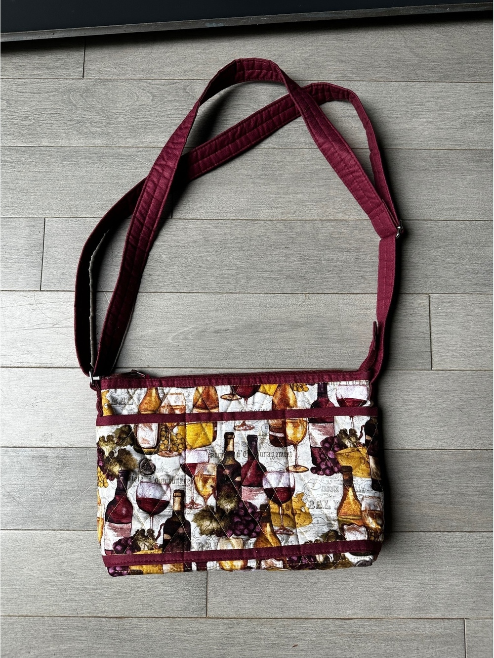 Handmade Quilted Crossbody Bag with Wine and Cheese Print Streetwear purse